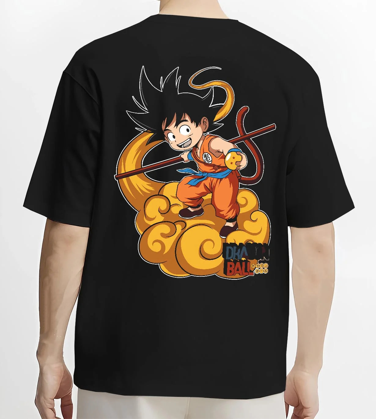 Black T-shirt worn by male model, back view with Dragon Ball Z Hoodie Kid Goku Nimbus Jumper graphic premium wear.