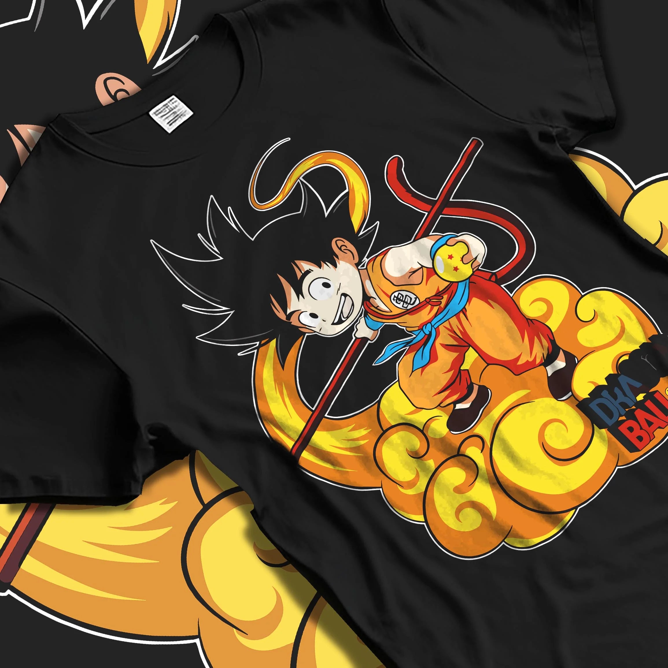 Black T-shirt laid flat with natural folds with Dragon Ball Z Hoodie Kid Goku Nimbus Jumper graphic streetwear graphic.