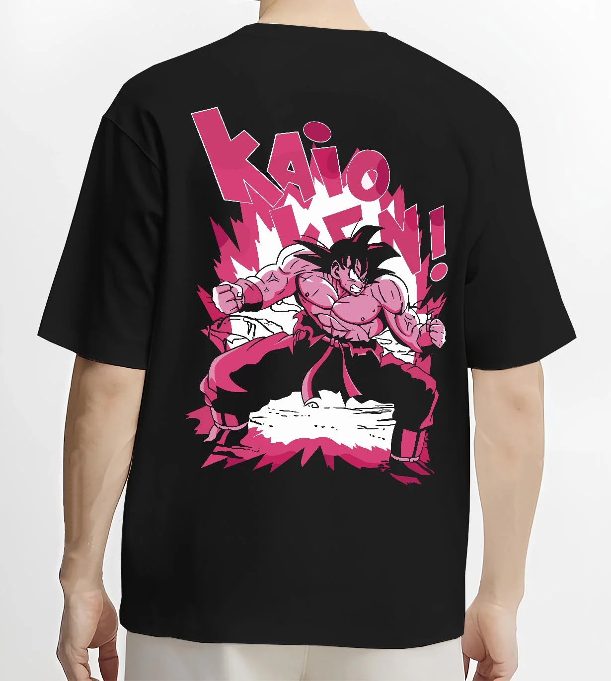 Black T-shirt worn by male model, back view with Dragon Ball Z Hoodie Goku Kaio Ken Power Jumper graphic Goku themed artwork.