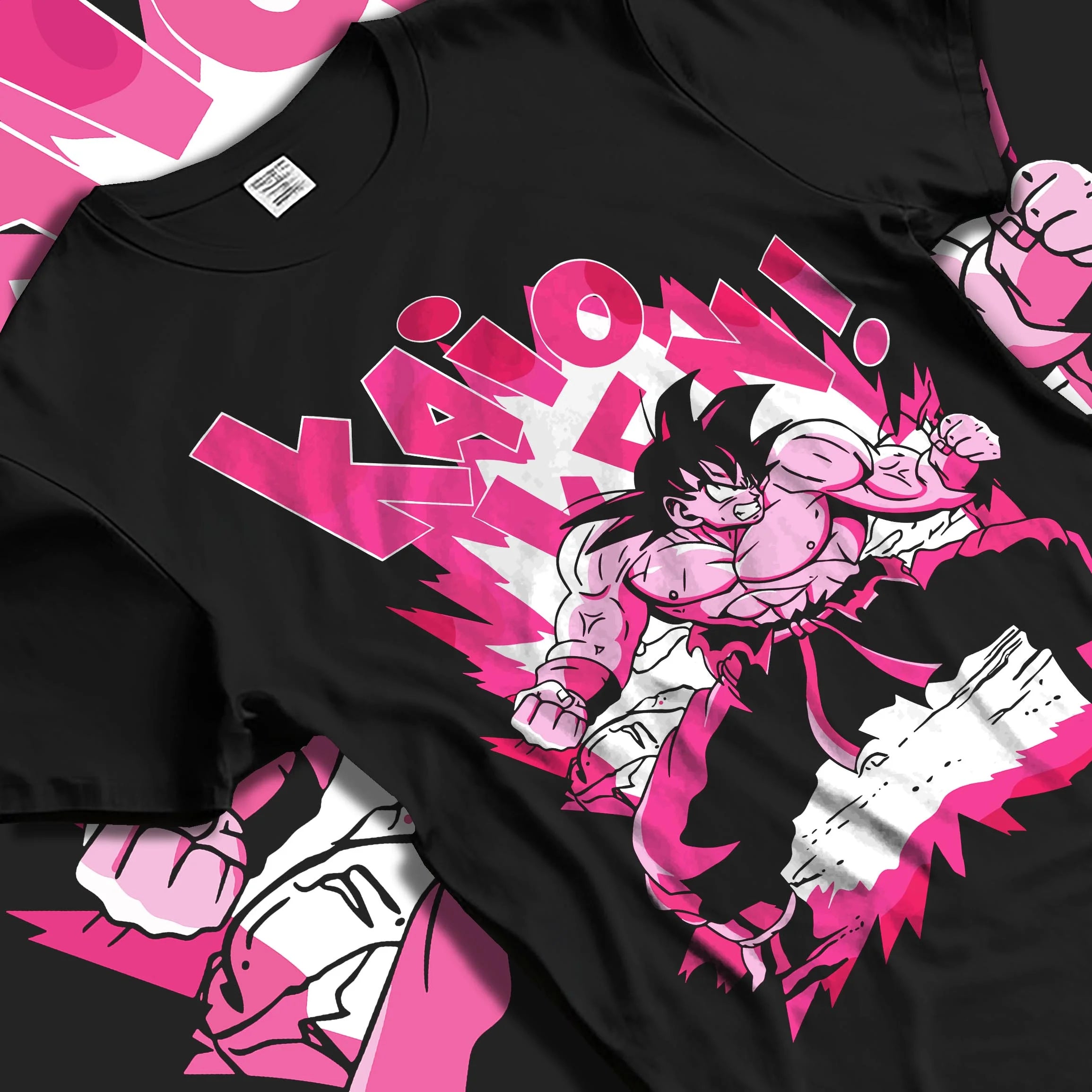 Black T-shirt laid flat with natural folds with Dragon Ball Z Hoodie Goku Kaio Ken Power Jumper graphic streetwear graphic.