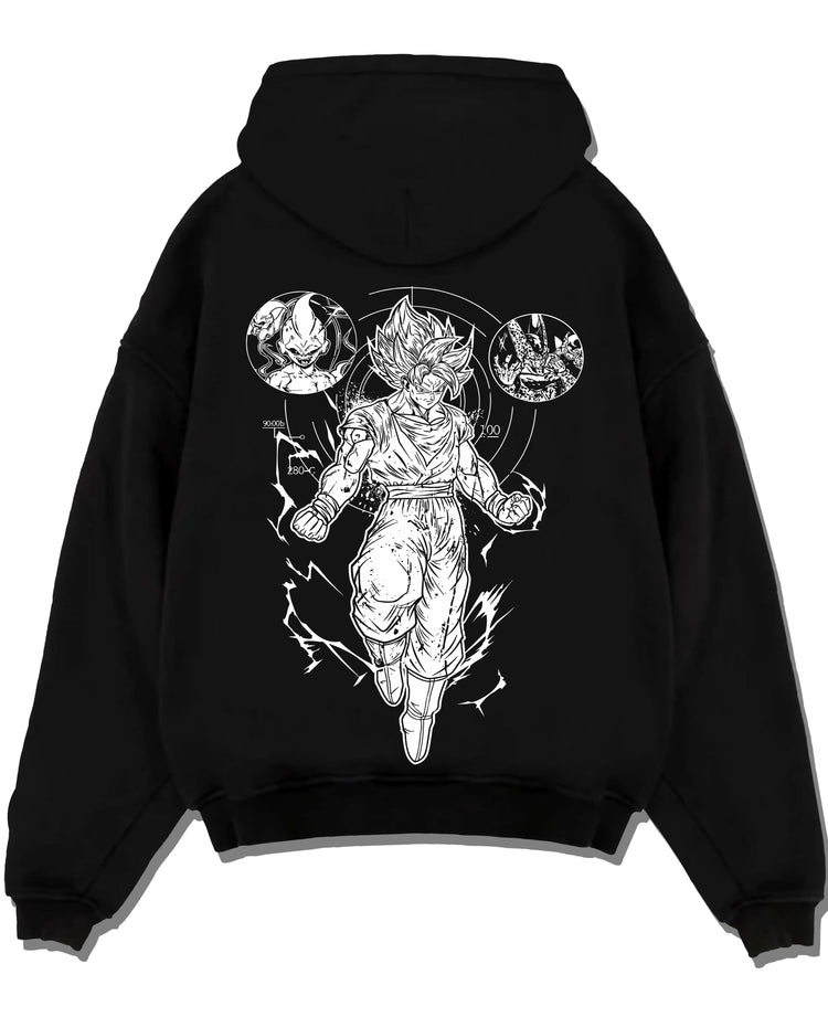 Black pullover hoodie laid flat with Dragon Ball Z Hoodie Goku Ultra Instinct Burst Jumper graphic bold anime graphic.