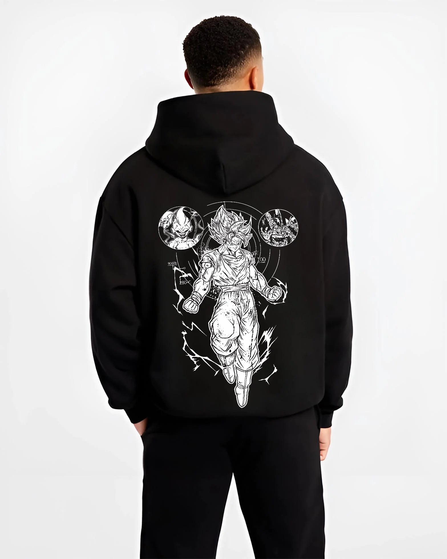 Black hoodie worn by male model, back view with Dragon Ball Z Hoodie Goku Ultra Instinct Burst Jumper graphic Goku themed artwork.