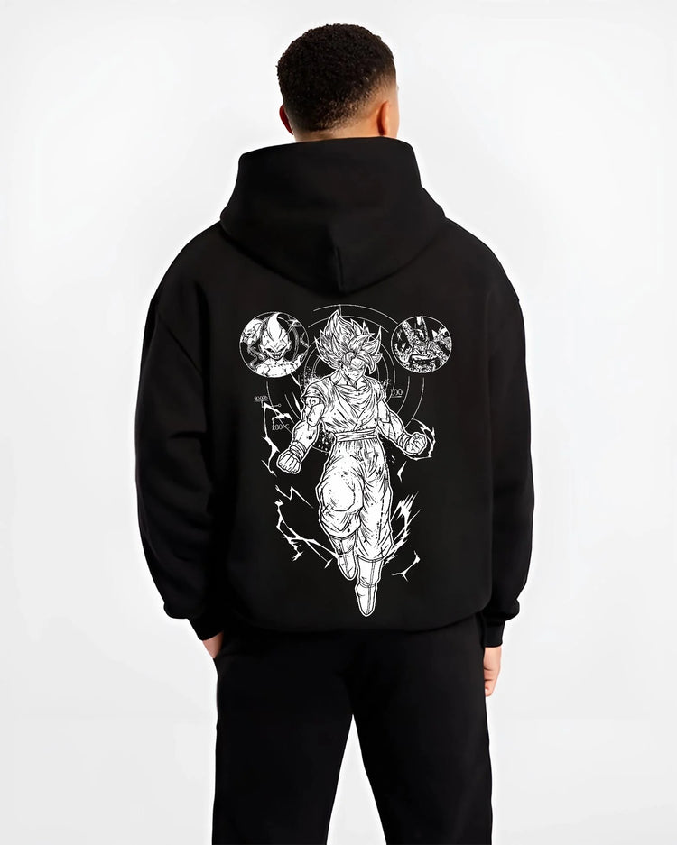 Black hoodie worn by male model, back view with Dragon Ball Z Hoodie Goku Ultra Instinct Burst Jumper graphic Goku themed artwork.