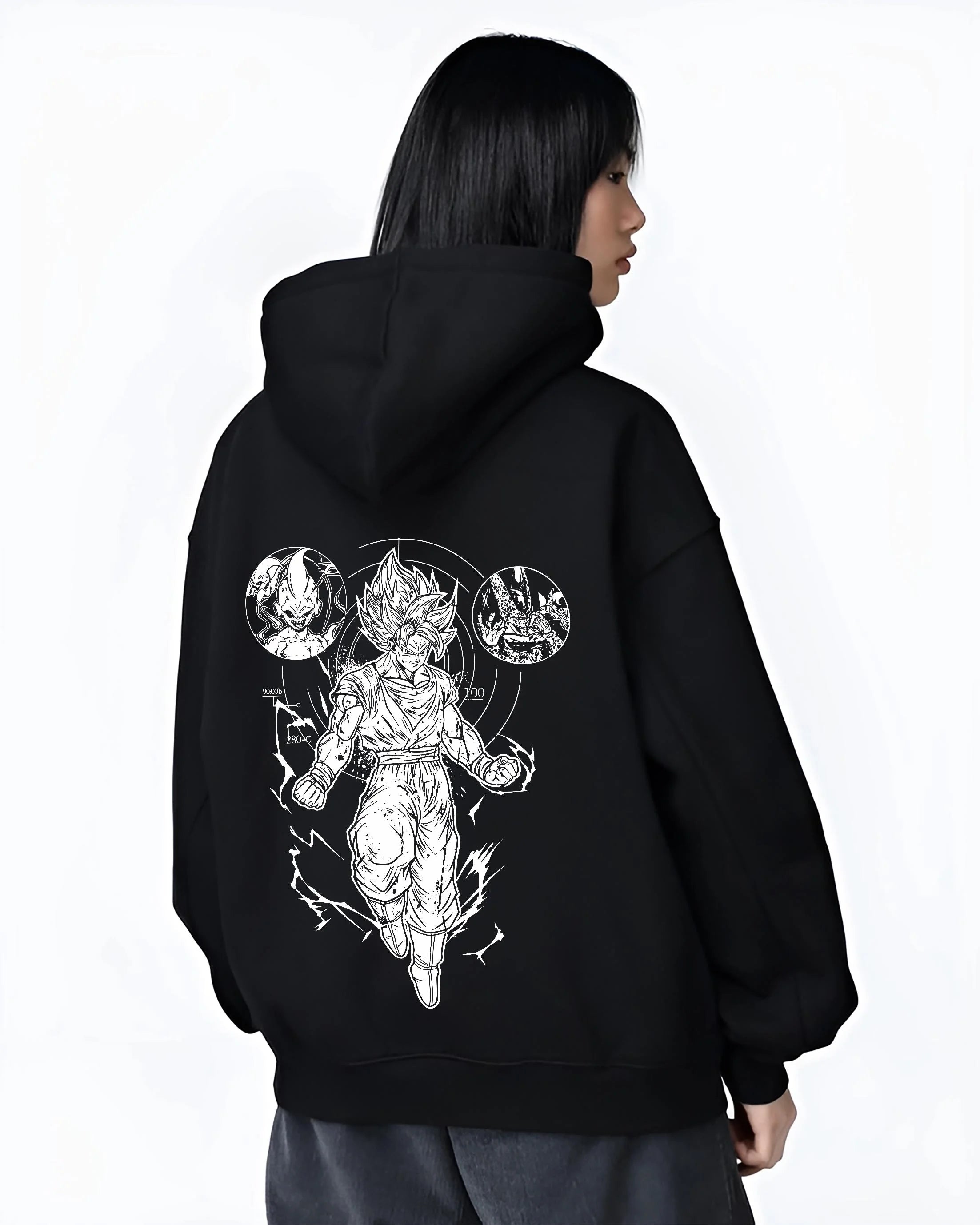 Black hoodie worn by female model, back view with Dragon Ball Z Hoodie Goku Ultra Instinct Burst Jumper graphic bold anime graphic.