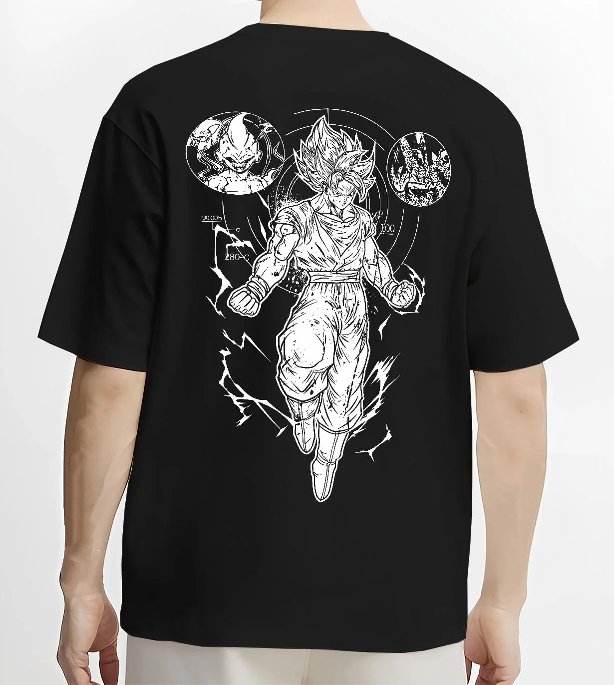 Black T-shirt worn by male model, back view with Dragon Ball Z Hoodie Goku Ultra Instinct Burst Jumper graphic bold anime graphic.