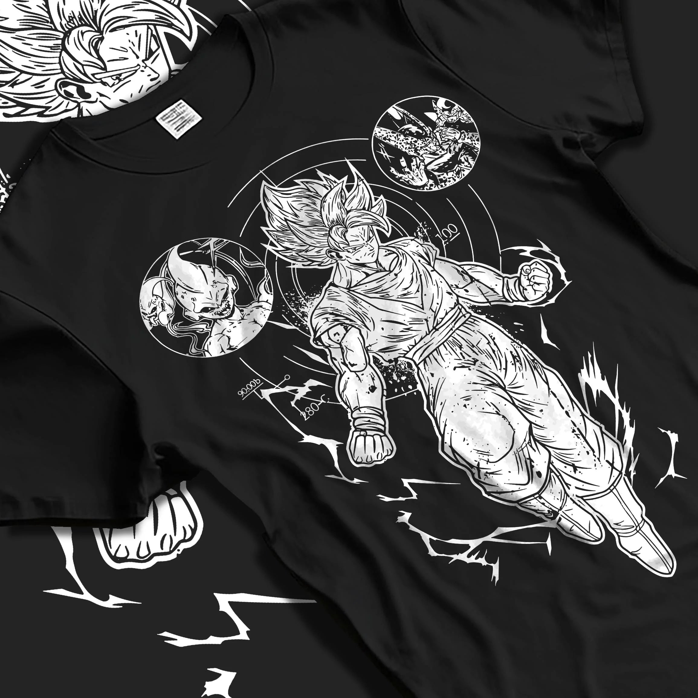 Black T-shirt laid flat with natural folds with Dragon Ball Z Hoodie Goku Ultra Instinct Burst Jumper graphic streetwear graphic.