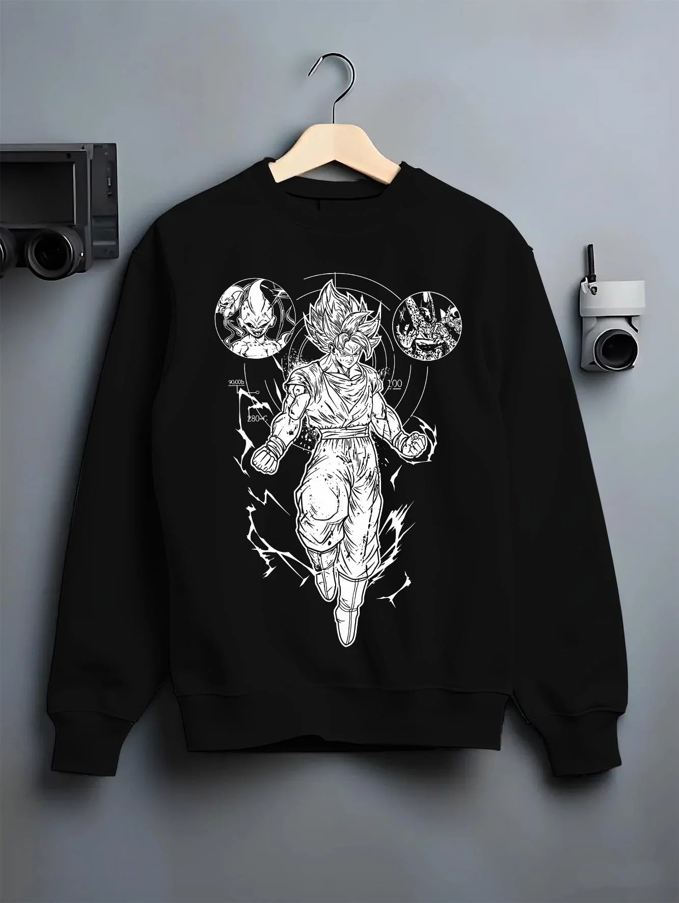 Black crewneck sweatshirt on hanger with Dragon Ball Z Hoodie Goku Ultra Instinct Burst Jumper graphic streetwear graphic.