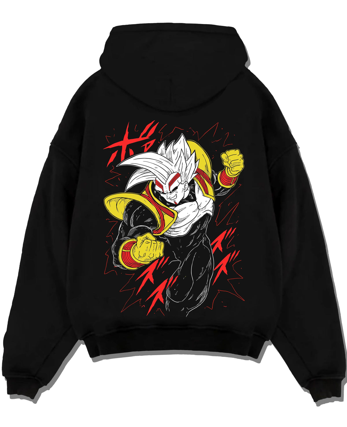 Black hoodie laid flat featuring golden Saiyan warrior artwork.
