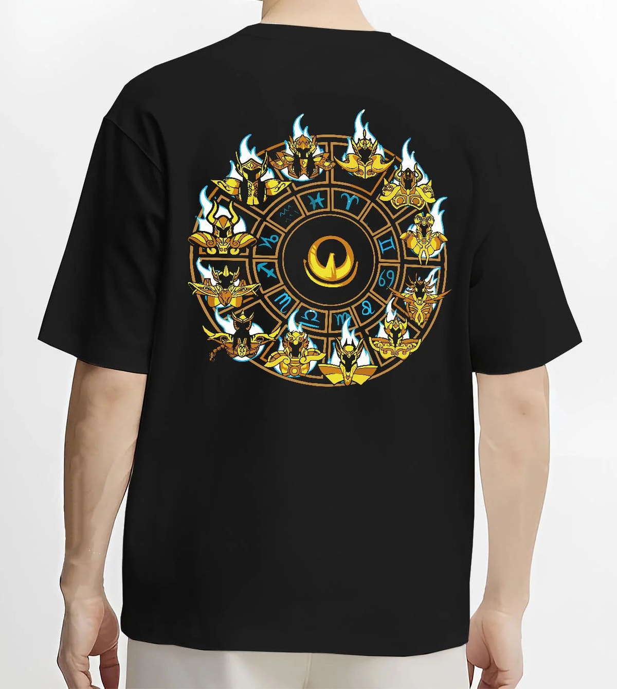 Black T-shirt worn by male model from the back featuring Saint Seiya Gold Saints zodiac wheel artwork.