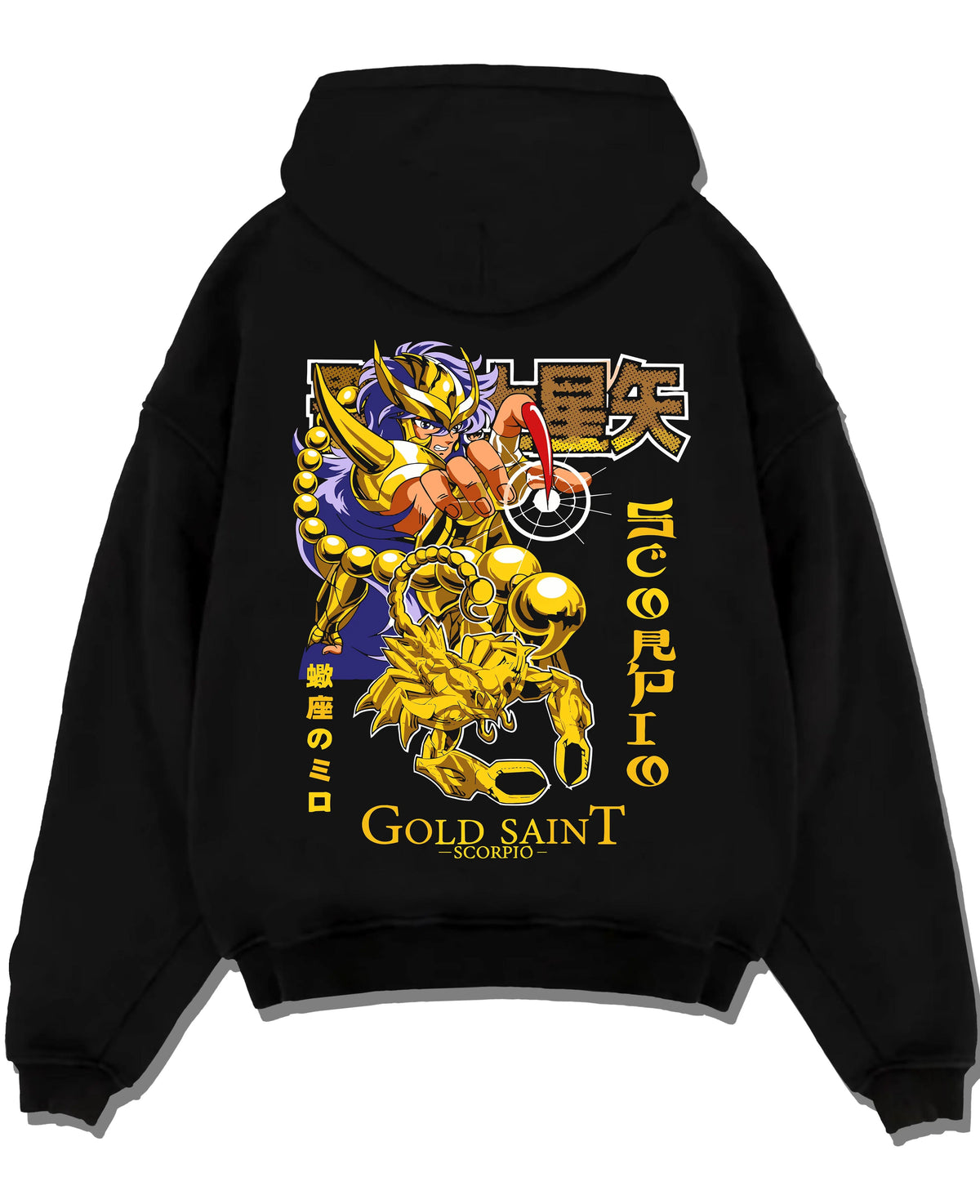 Black hoodie laid flat featuring Scorpio Milo Gold Saint cosmic armour artwork.
