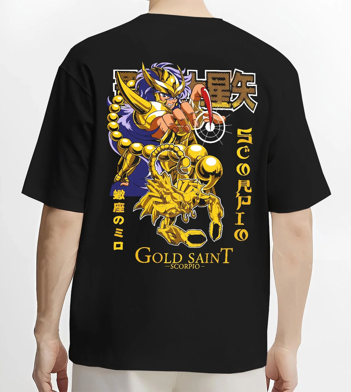 Black T-shirt worn by male model from the back featuring Scorpio Milo Gold Saint cosmic armour artwork.
