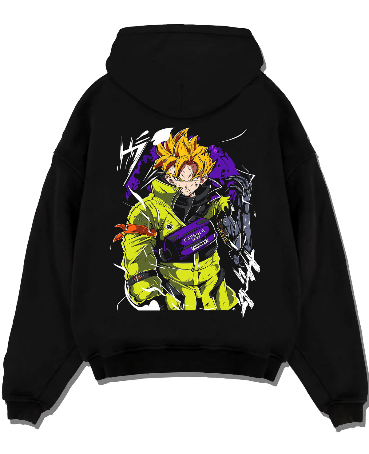 Black hoodie laid flat featuring Future Trunks Super Saiyan street style artwork.