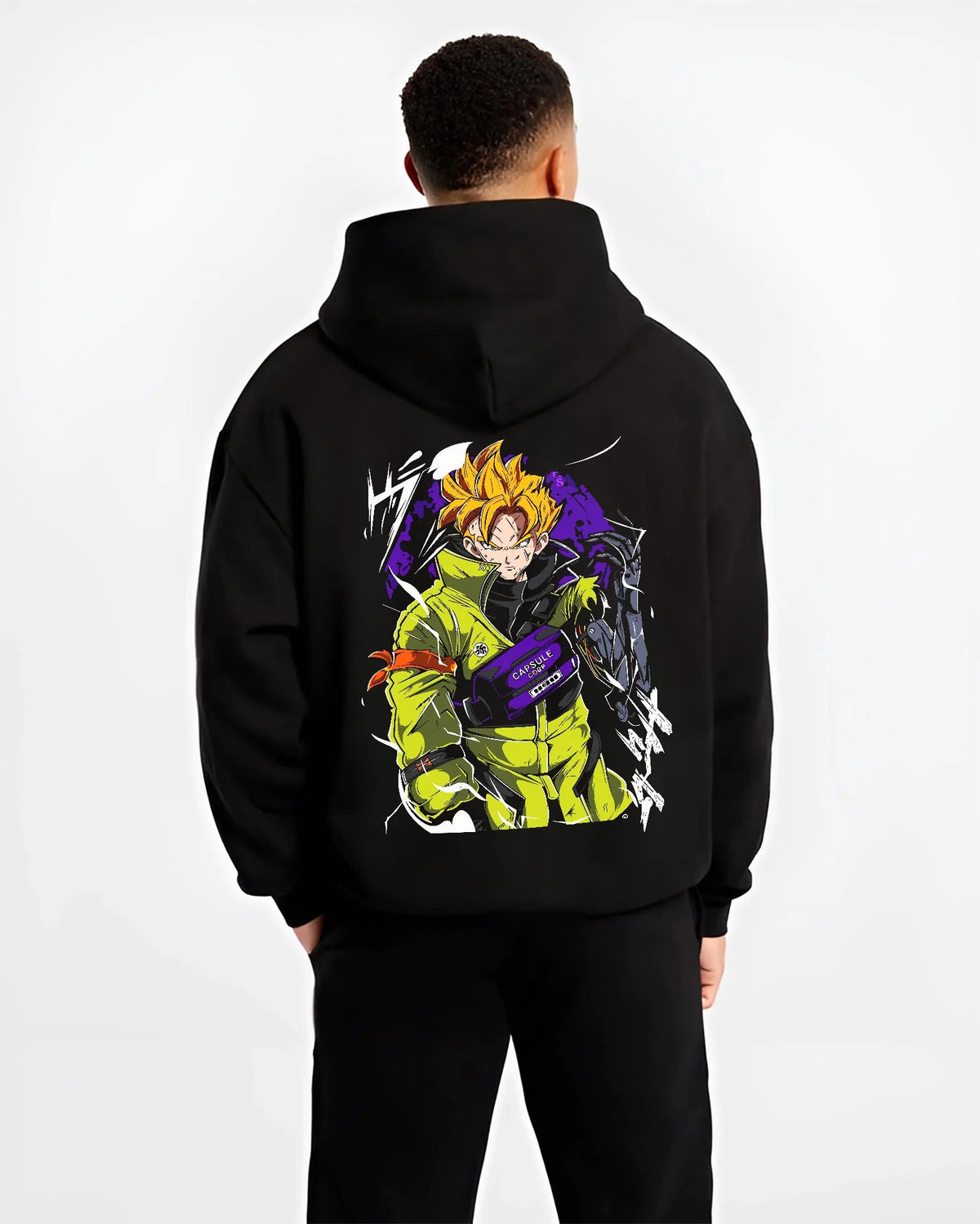 Black hoodie worn by male model from the back featuring Future Trunks Super Saiyan street style artwork.
