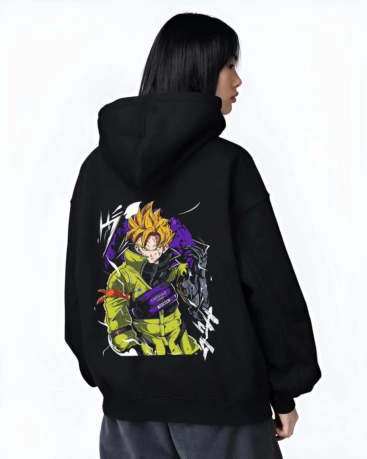 Black hoodie worn by female model from the back featuring Future Trunks Super Saiyan street style artwork.