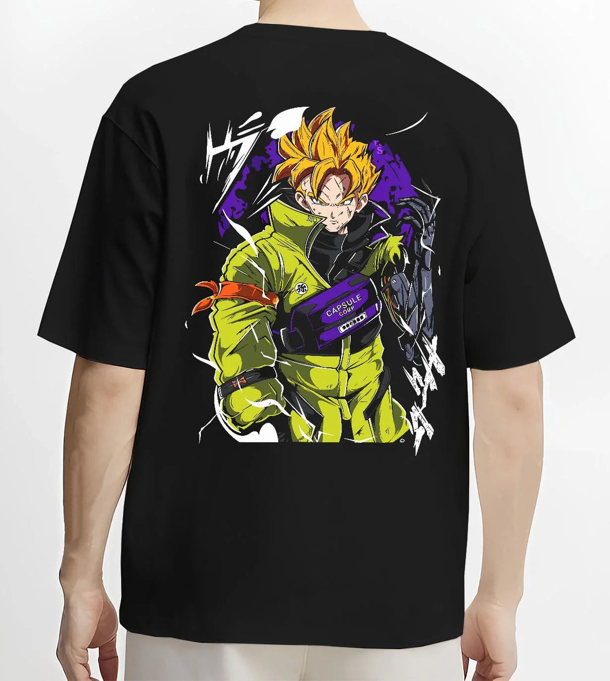 Black T-shirt worn by male model from the back featuring Future Trunks Super Saiyan street style artwork.