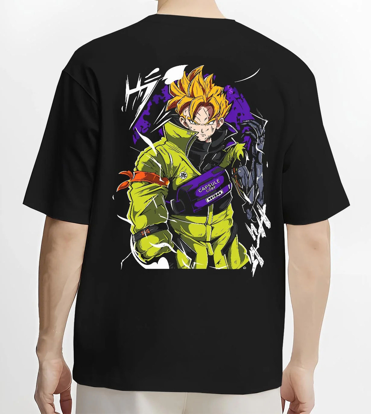 Black T-shirt worn by male model from the back featuring Future Trunks Super Saiyan street style artwork.