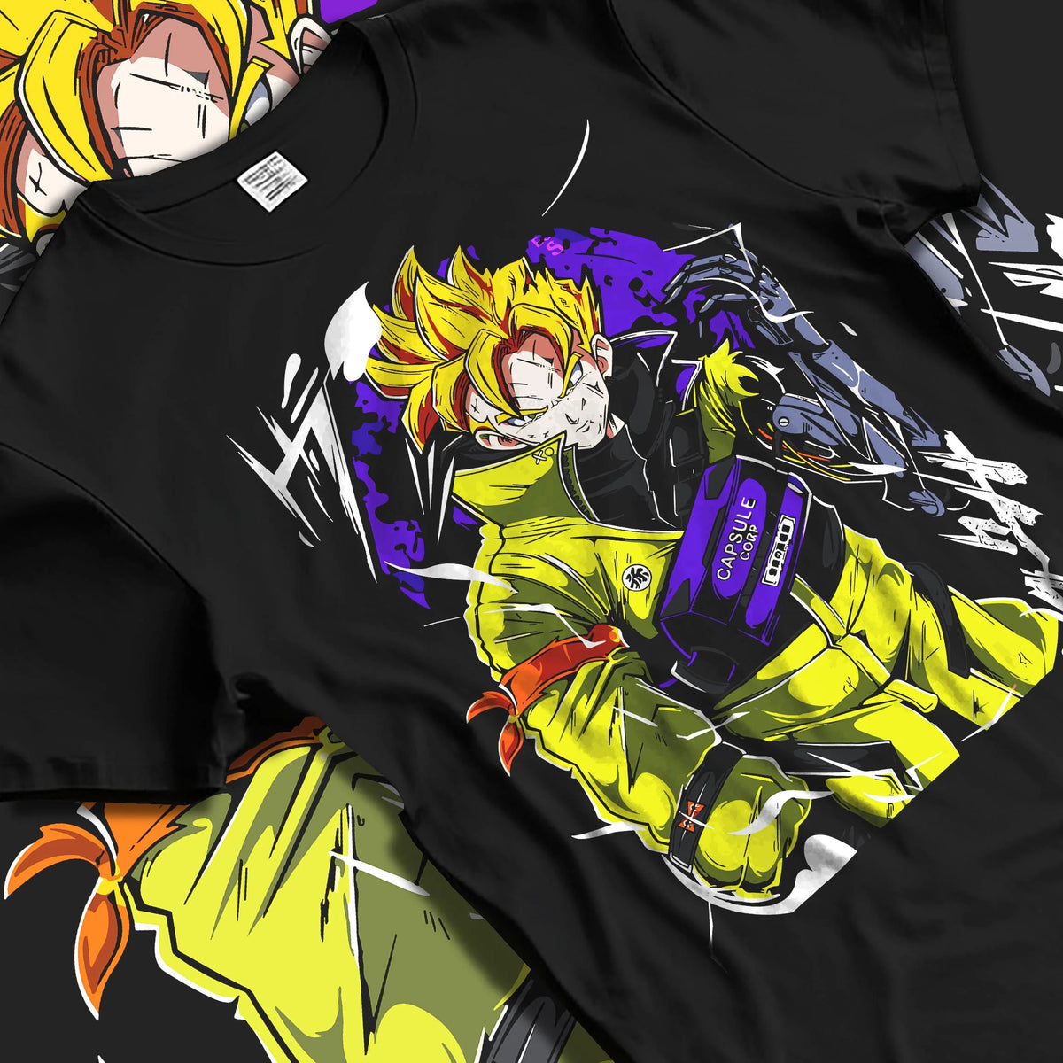 Black T-shirt laid flat with natural folds featuring Future Trunks Super Saiyan street style artwork.
