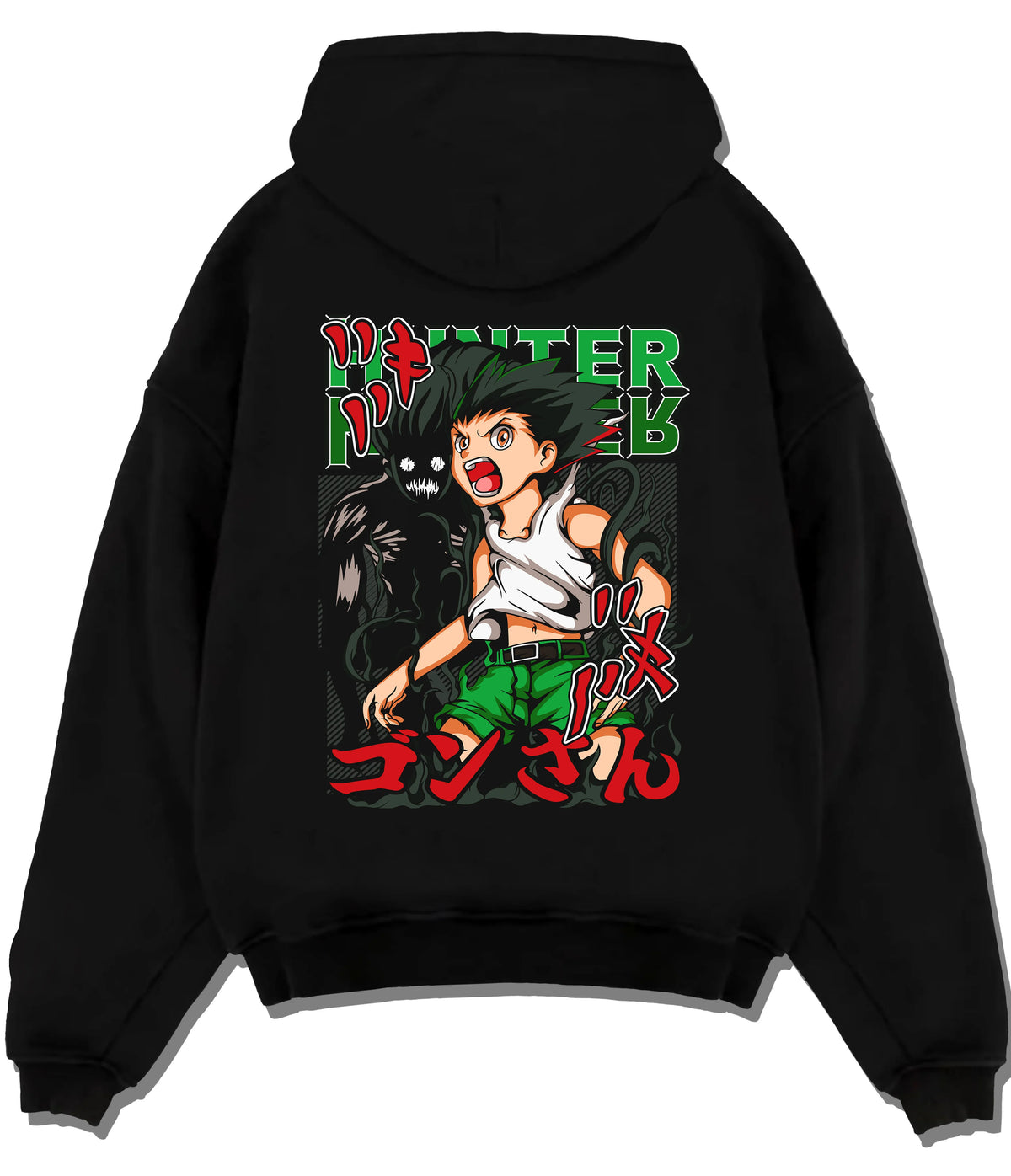Black hoodie flat back view showing Gon Freecss from Hunter x Hunter: youthful action pose