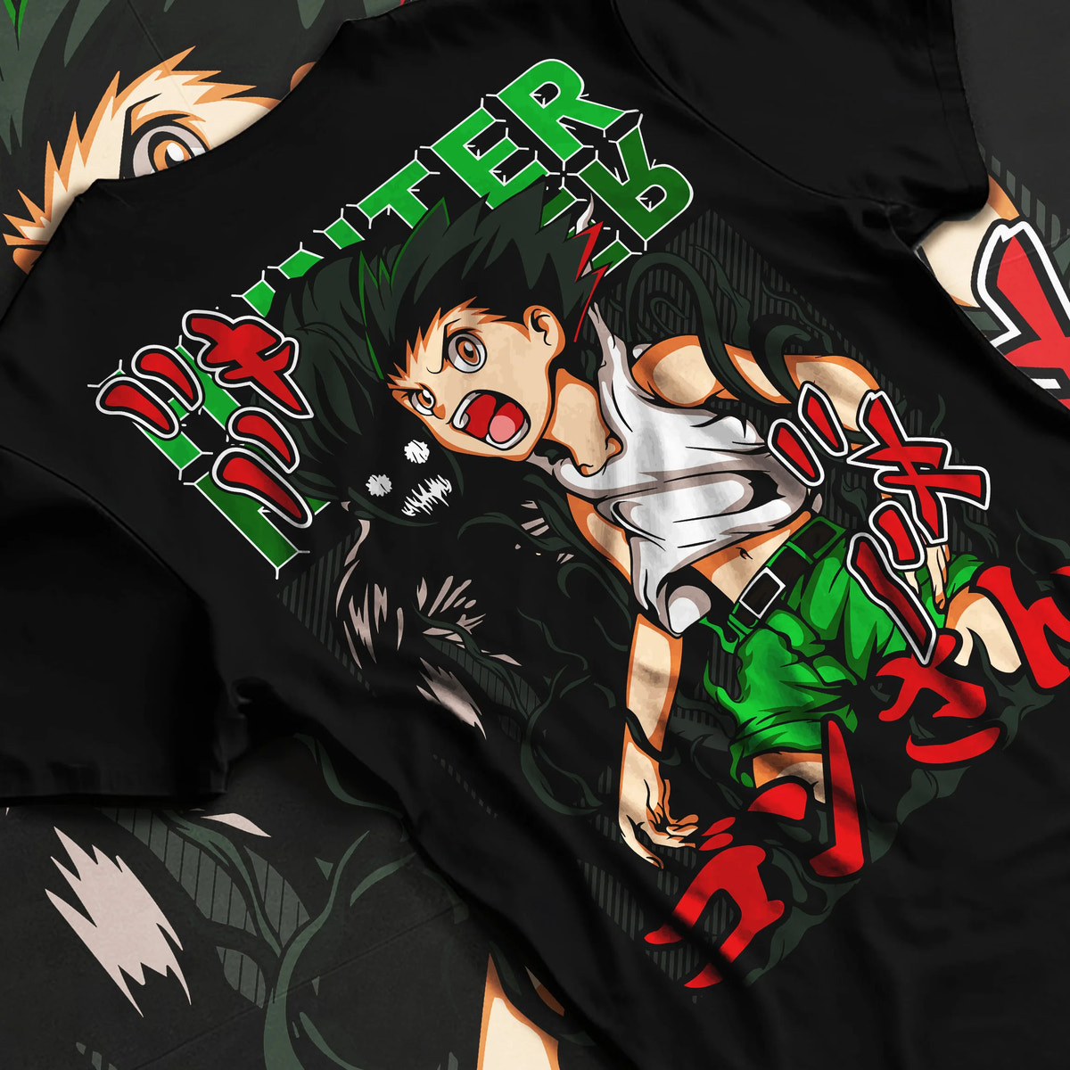 Black T-shirt flat back view showing Gon Freecss from Hunter x Hunter: youthful action pose