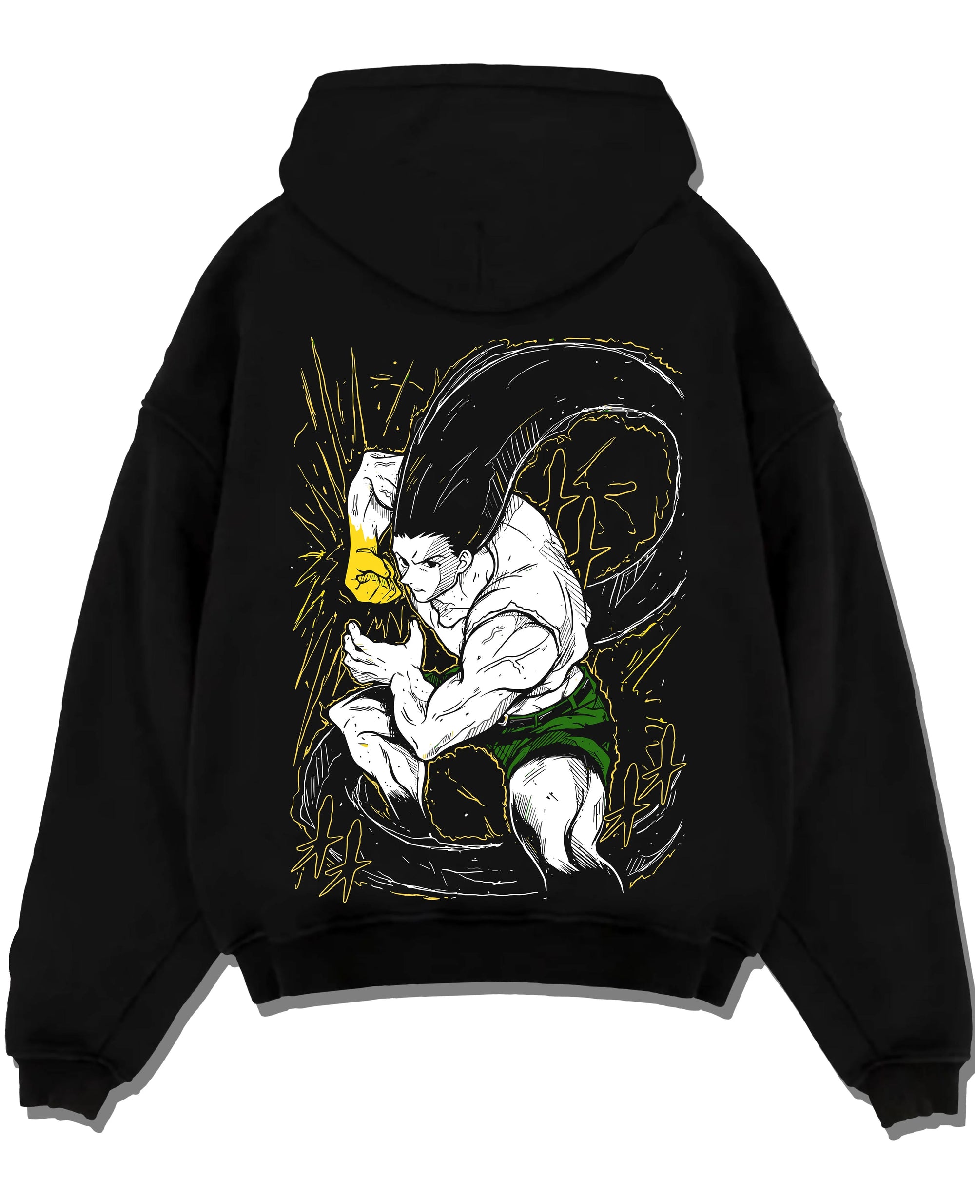 Black pullover hoodie laid flat with Hunter x Hunter Hoodie Gon Freecss Determined Jumper graphic bold anime graphic.