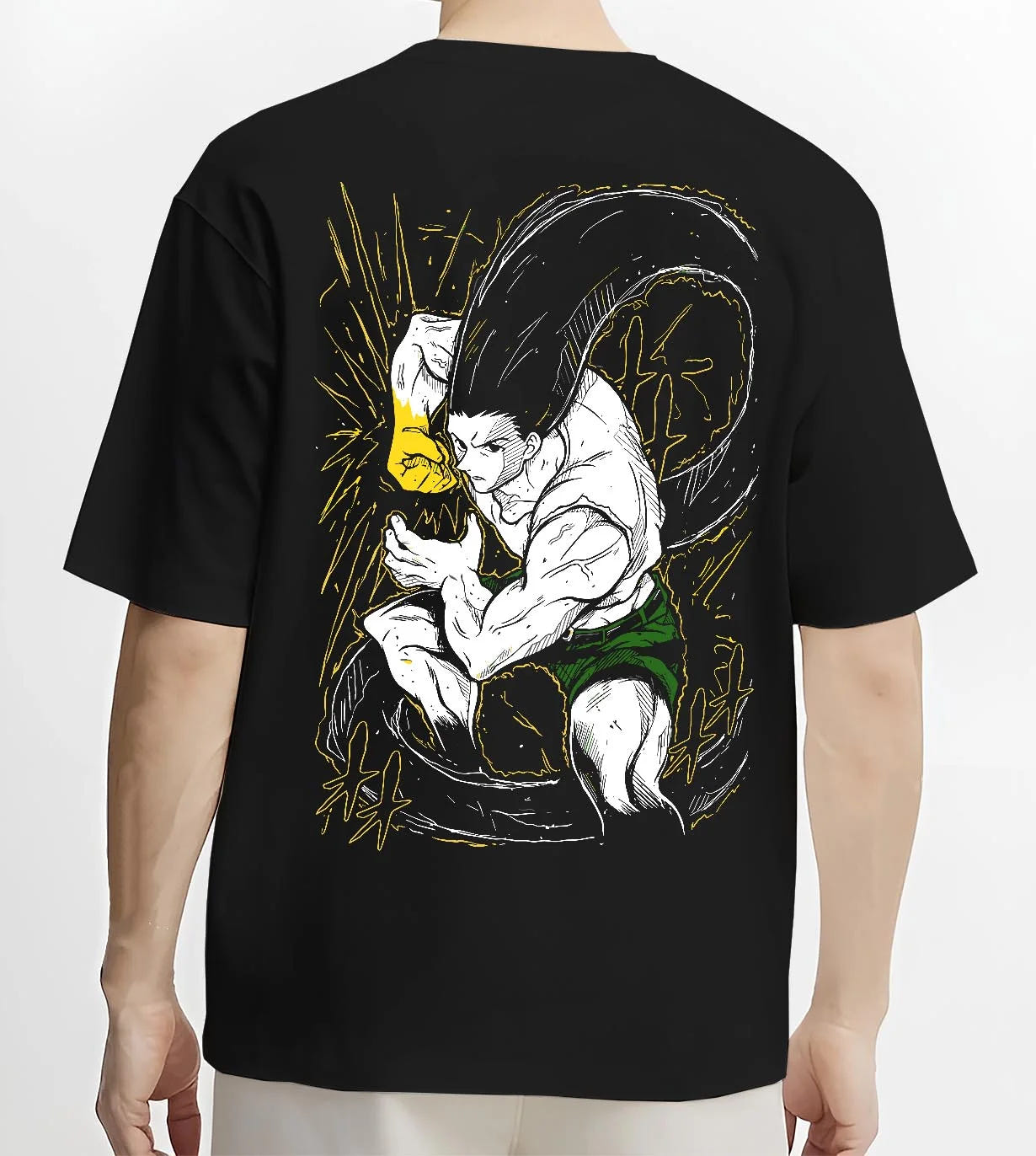 Black T-shirt worn by male model, back view with Hunter x Hunter Hoodie Gon Freecss Determined Jumper graphic premium wear.