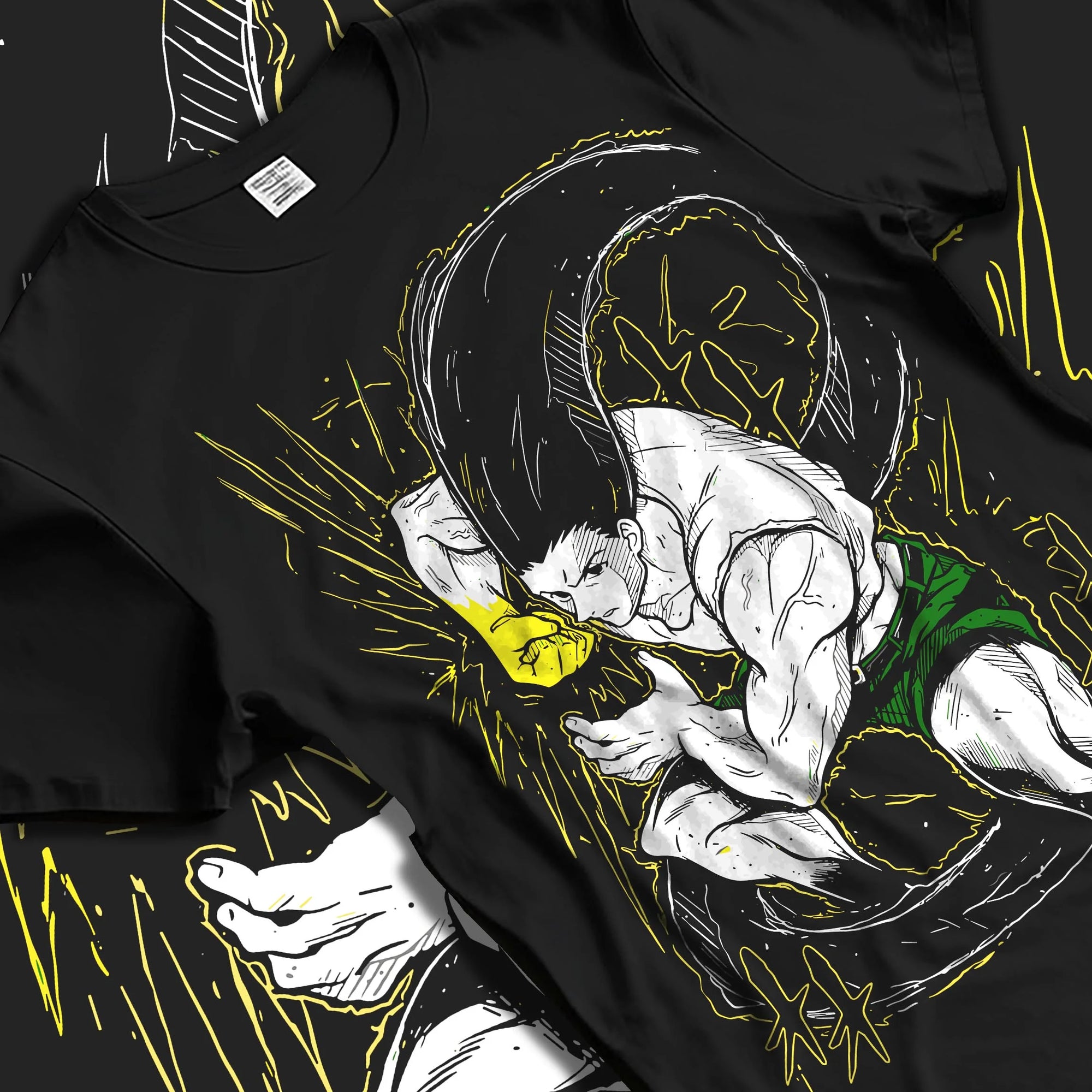 Black T-shirt laid flat with natural folds with Hunter x Hunter Hoodie Gon Freecss Determined Jumper graphic streetwear graphic.