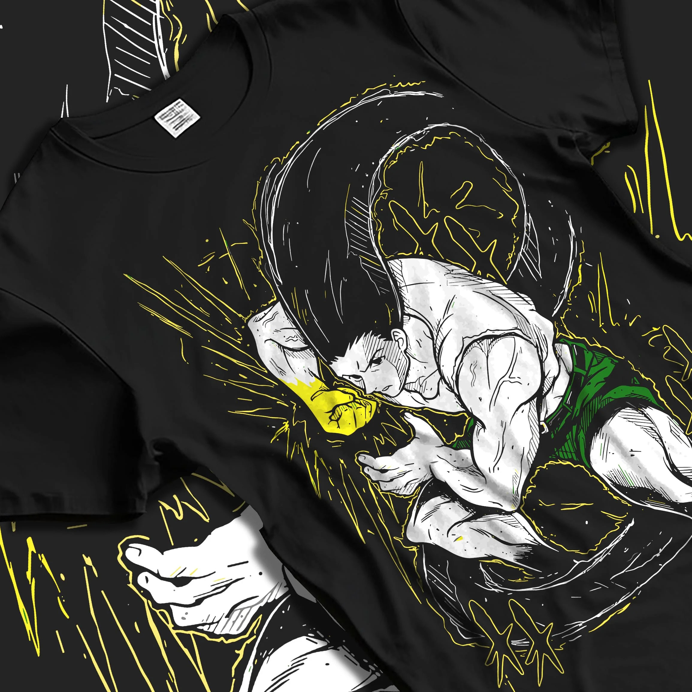 Black T-shirt laid flat with natural folds with Hunter x Hunter Hoodie Gon Freecss Determined Jumper graphic streetwear graphic.
