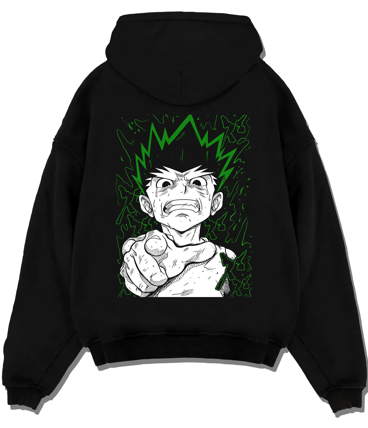 Black hoodie flat back view showing Gon Freecss from Hunter x Hunter: finger-pointing portrait