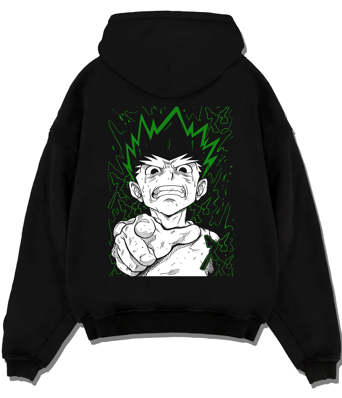 Black hoodie flat back view showing Gon Freecss from Hunter x Hunter: finger-pointing portrait