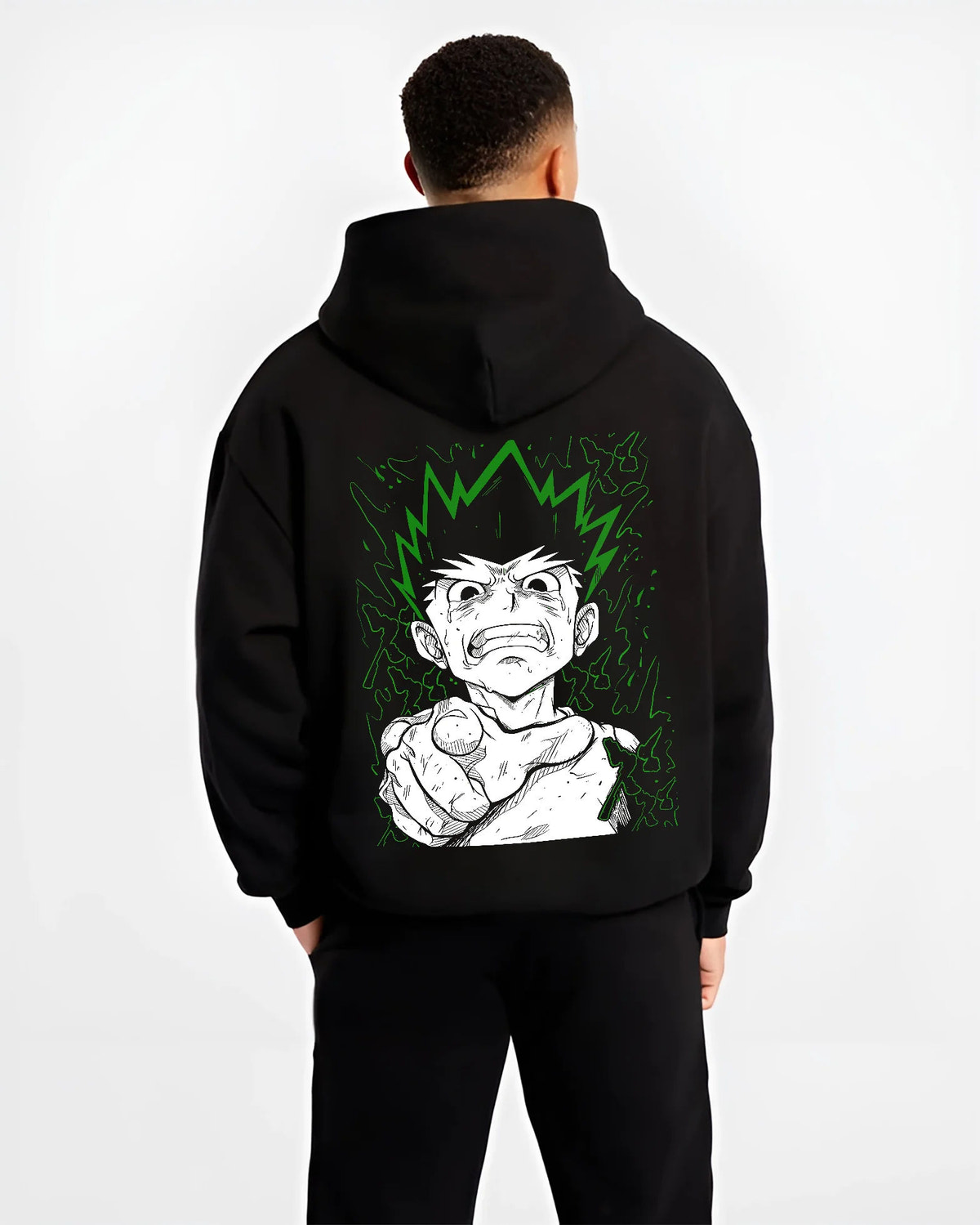 Black hoodie model back view showing Gon Freecss from Hunter x Hunter: finger-pointing portrait
