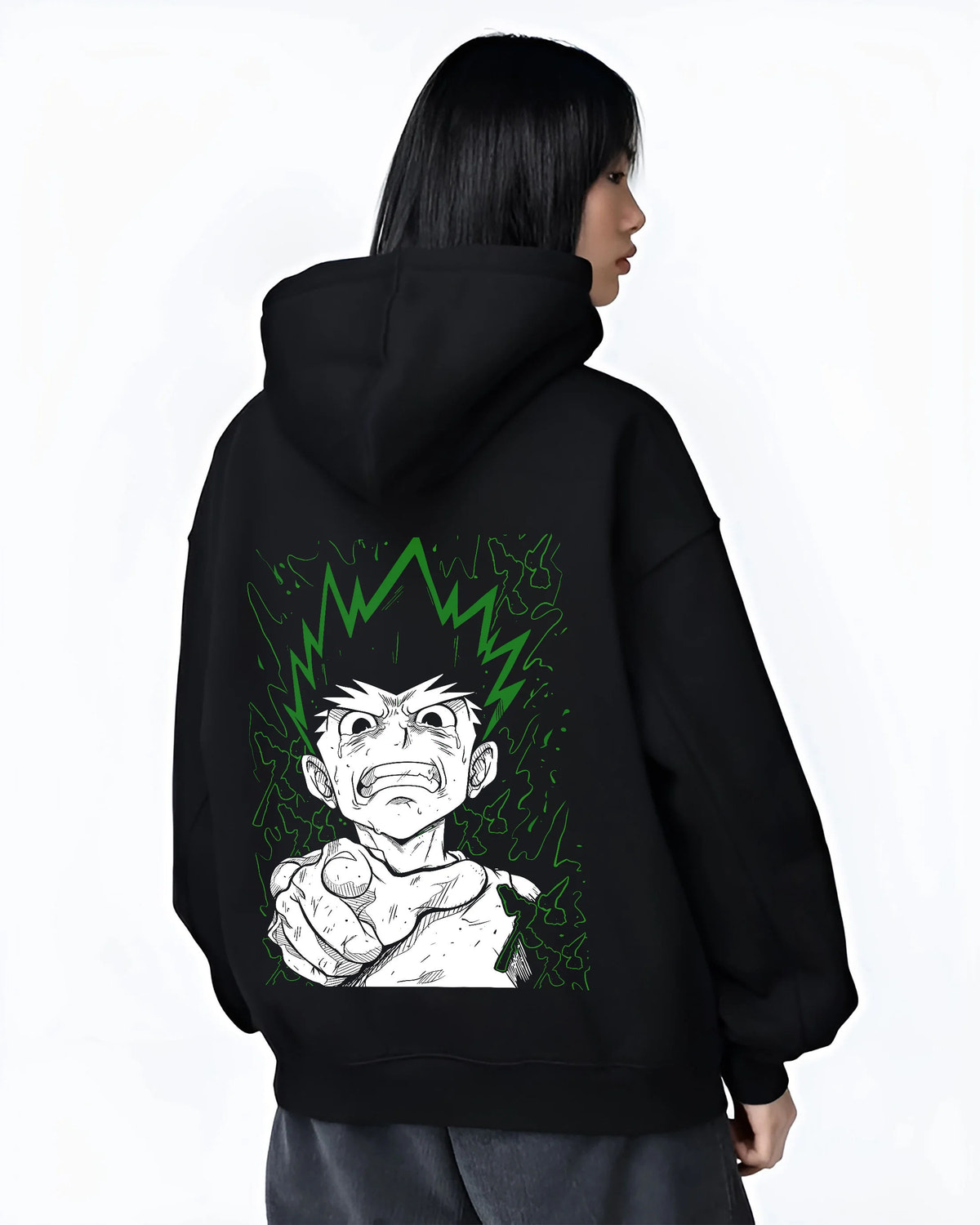 Black hoodie female model back view showing Gon Freecss from Hunter x Hunter: finger-pointing portrait