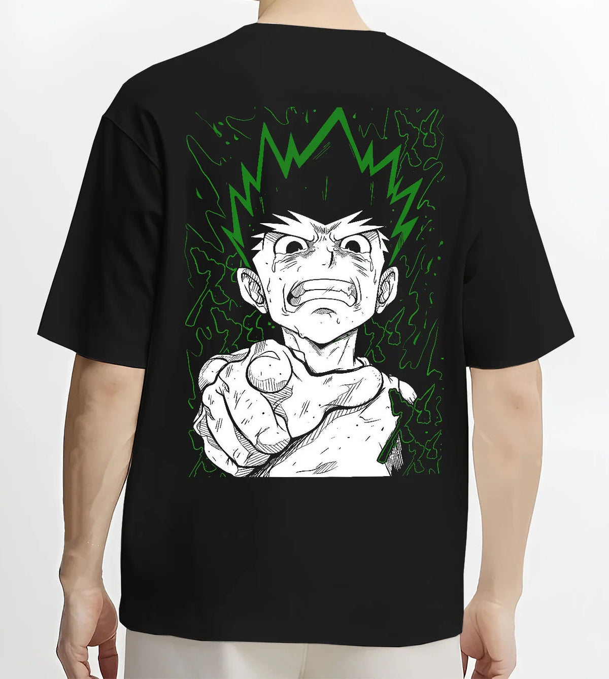 Black T-shirt model back view showing Gon Freecss from Hunter x Hunter: finger-pointing portrait