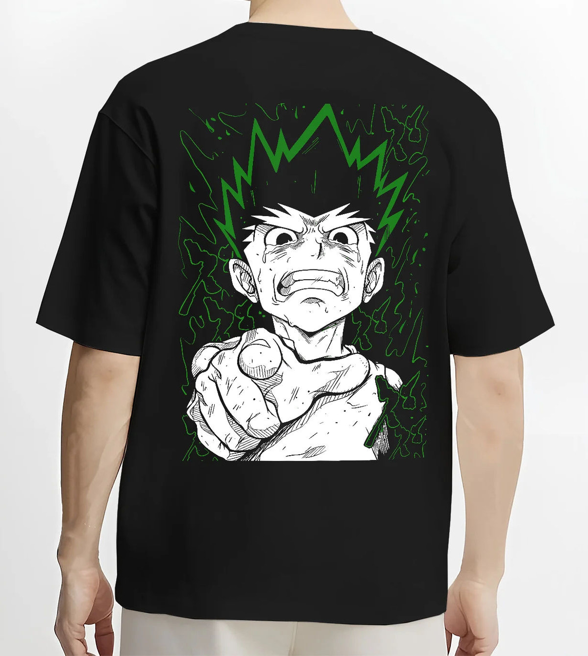Black T-shirt model back view showing Gon Freecss from Hunter x Hunter: finger-pointing portrait