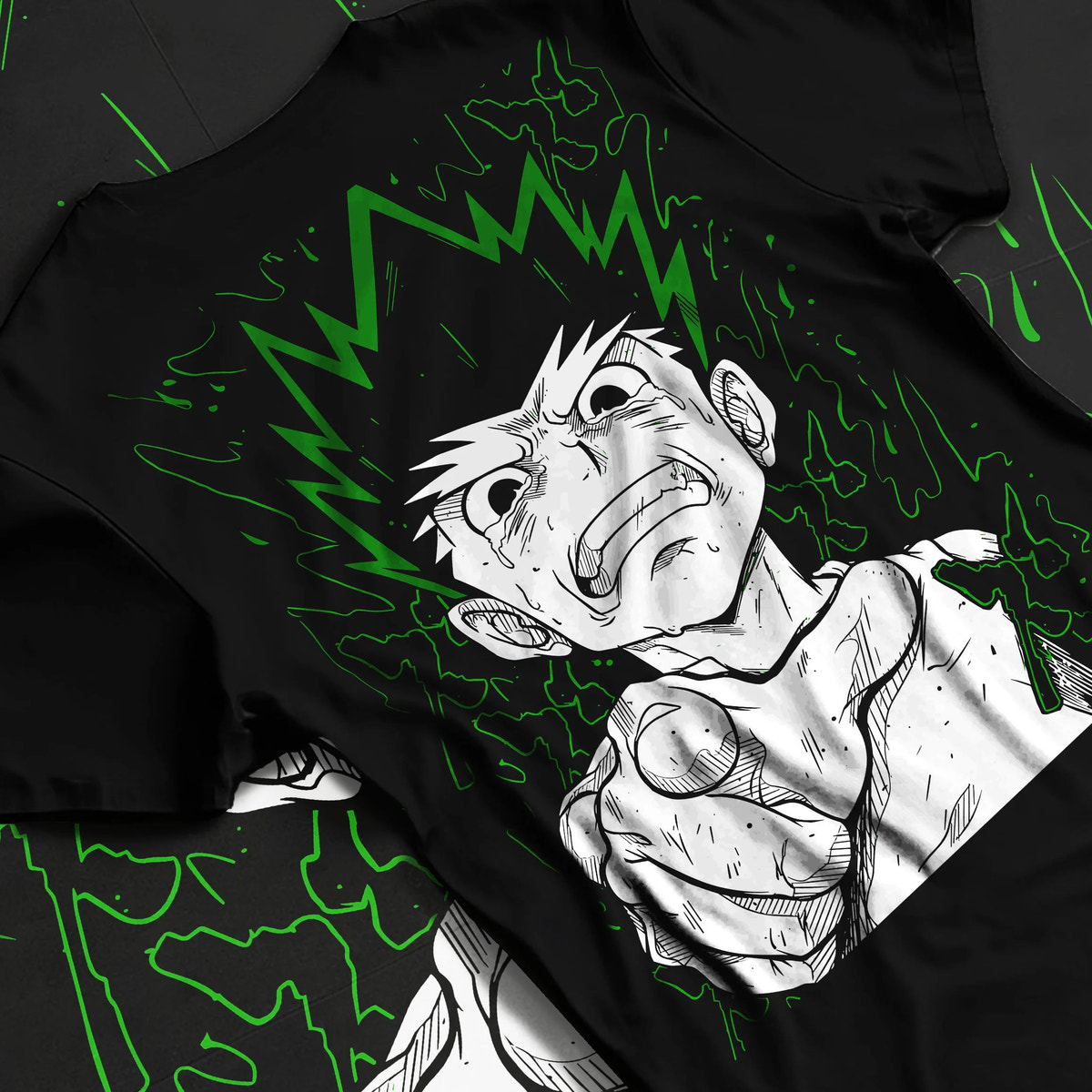 Black T-shirt flat back view showing Gon Freecss from Hunter x Hunter: finger-pointing portrait