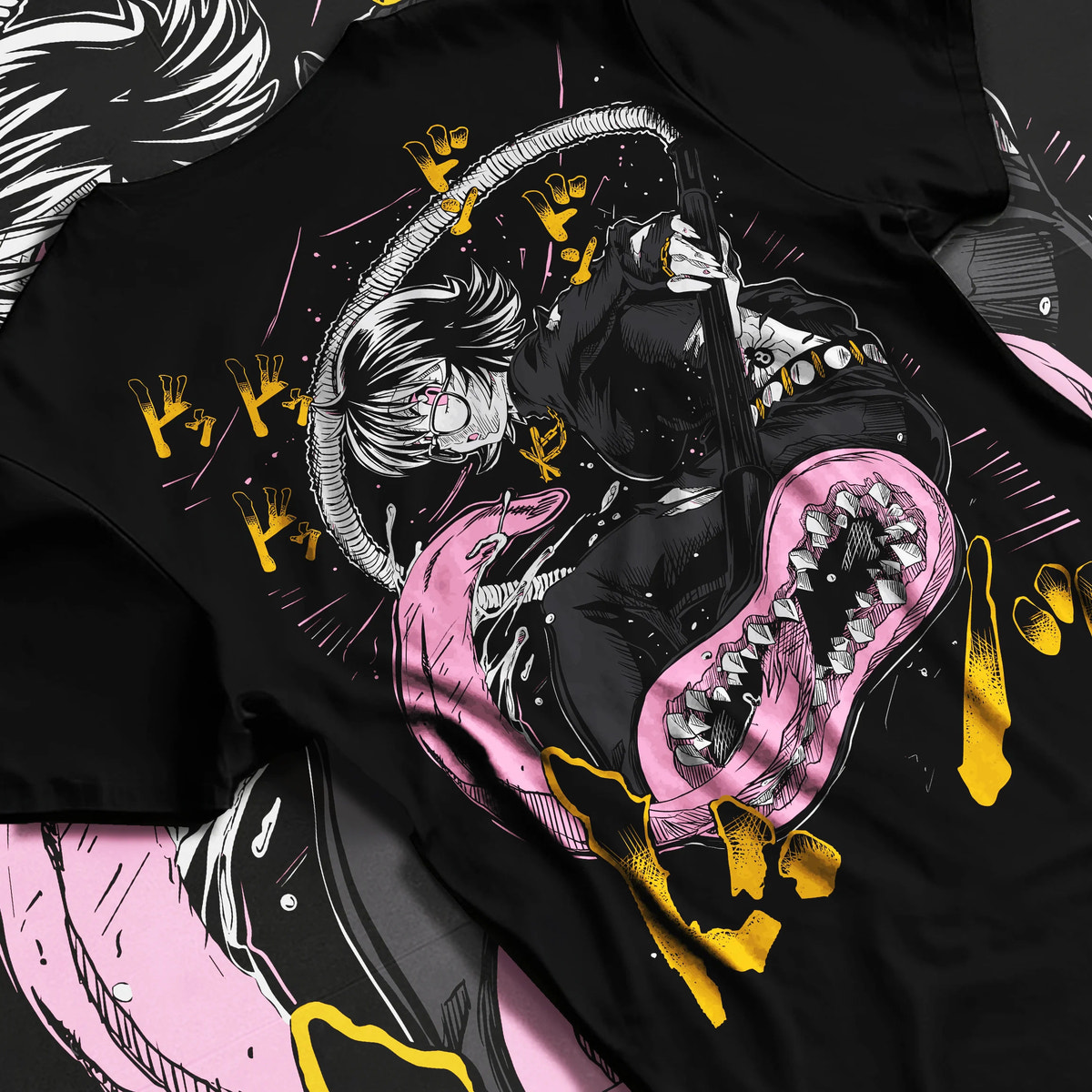 Black T-shirt flat back view showing Hunter x Hunter monster and fighter scene: monster/fighter scene ( characters)