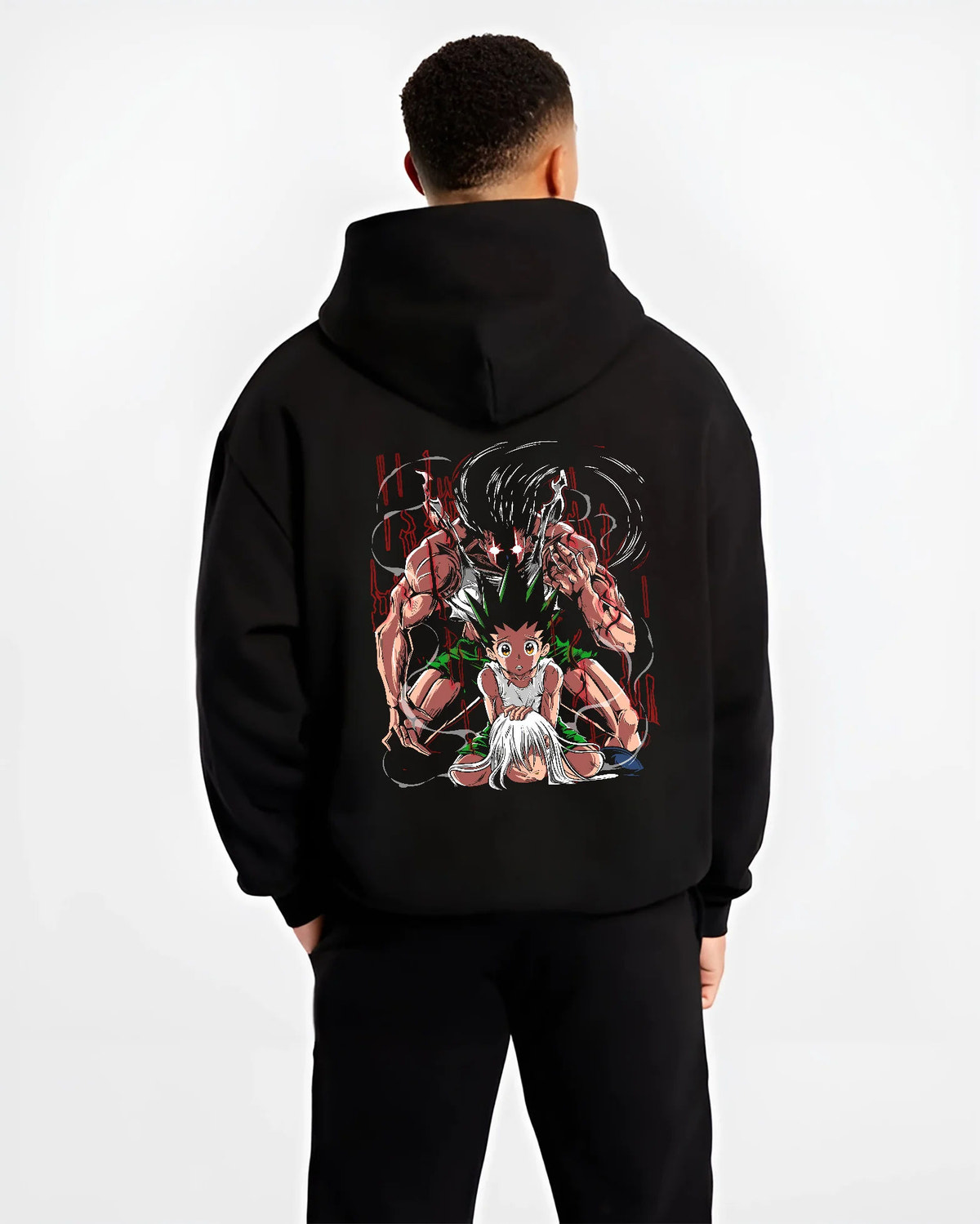 Black hoodie model back view showing Gon Freecss and Killua Zoldyck from Hunter x Hunter: awakening montage