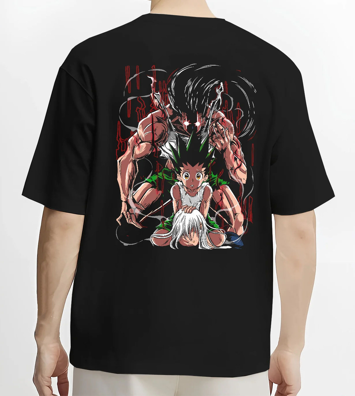 Black T-shirt model back view showing Gon Freecss and Killua Zoldyck from Hunter x Hunter: awakening montage
