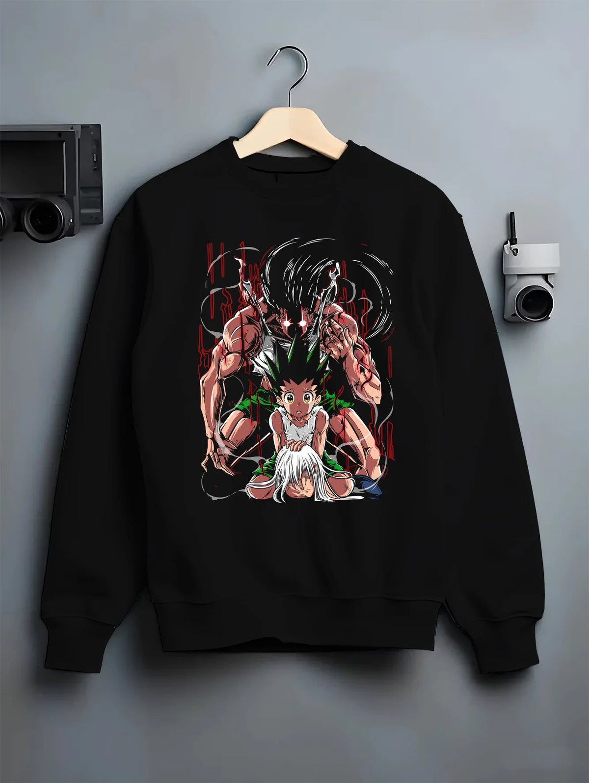 Black crewneck sweatshirt on hanger showing Gon Freecss and Killua Zoldyck from Hunter x Hunter: awakening montage