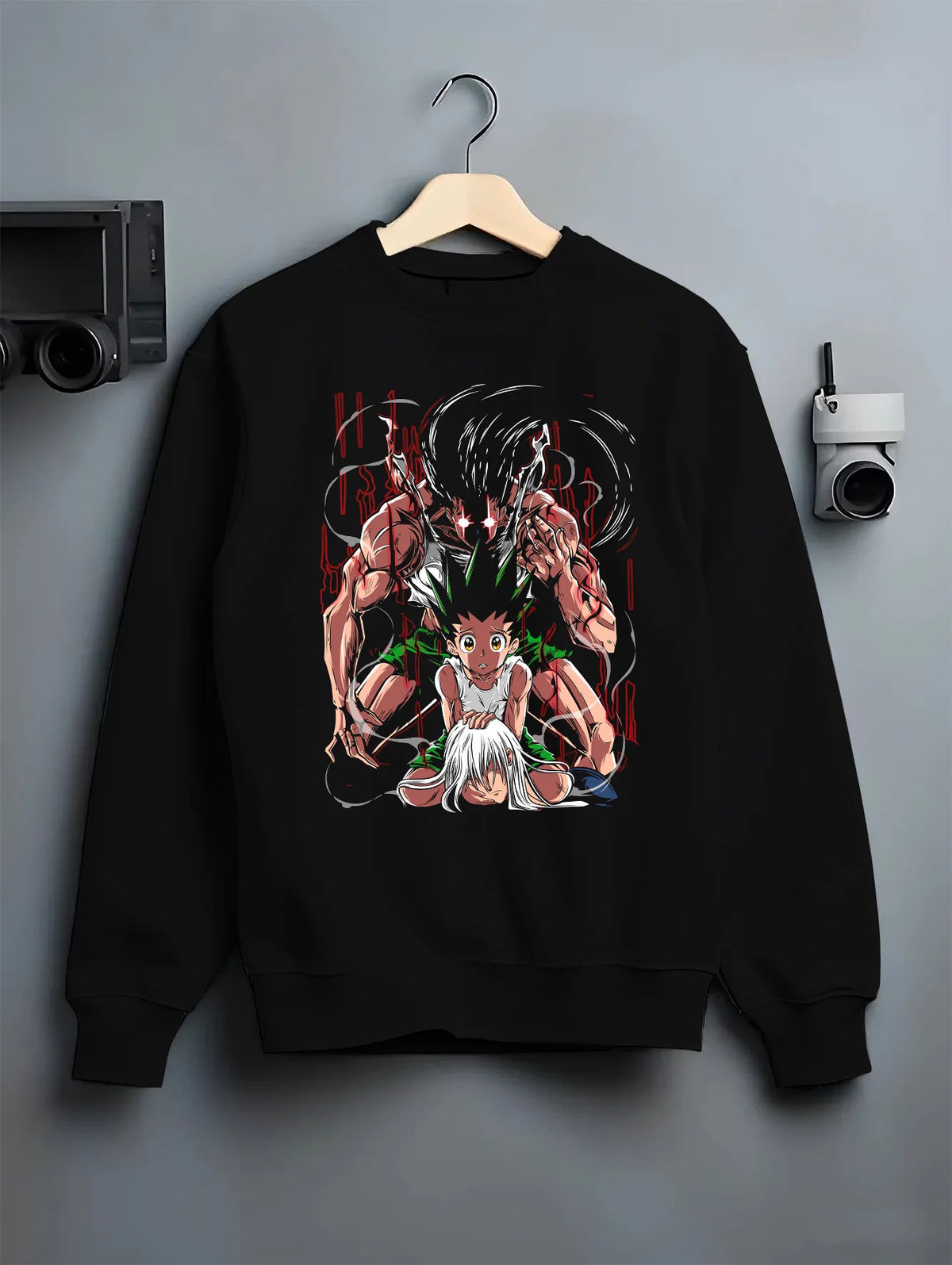 Black crewneck sweatshirt on hanger showing Gon Freecss and Killua Zoldyck from Hunter x Hunter: awakening montage