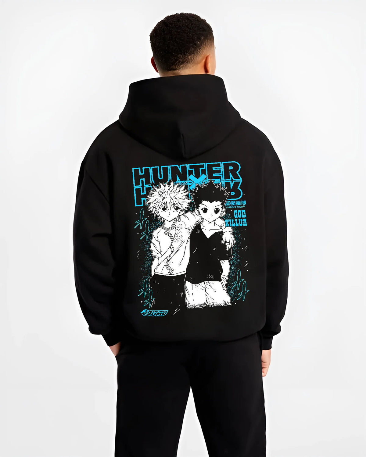 Black hoodie model back view showing Gon Freecss and Killua Zoldyck from Hunter x Hunter: duo