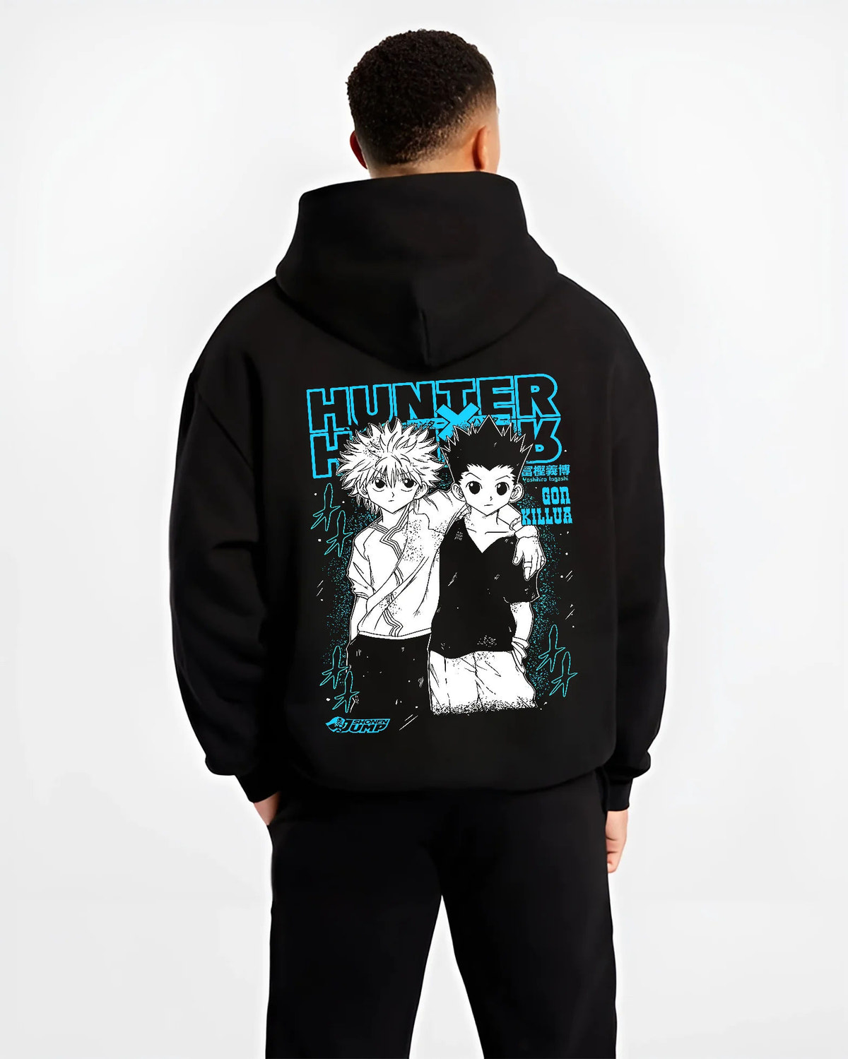 Black hoodie model back view showing Gon Freecss and Killua Zoldyck from Hunter x Hunter: duo