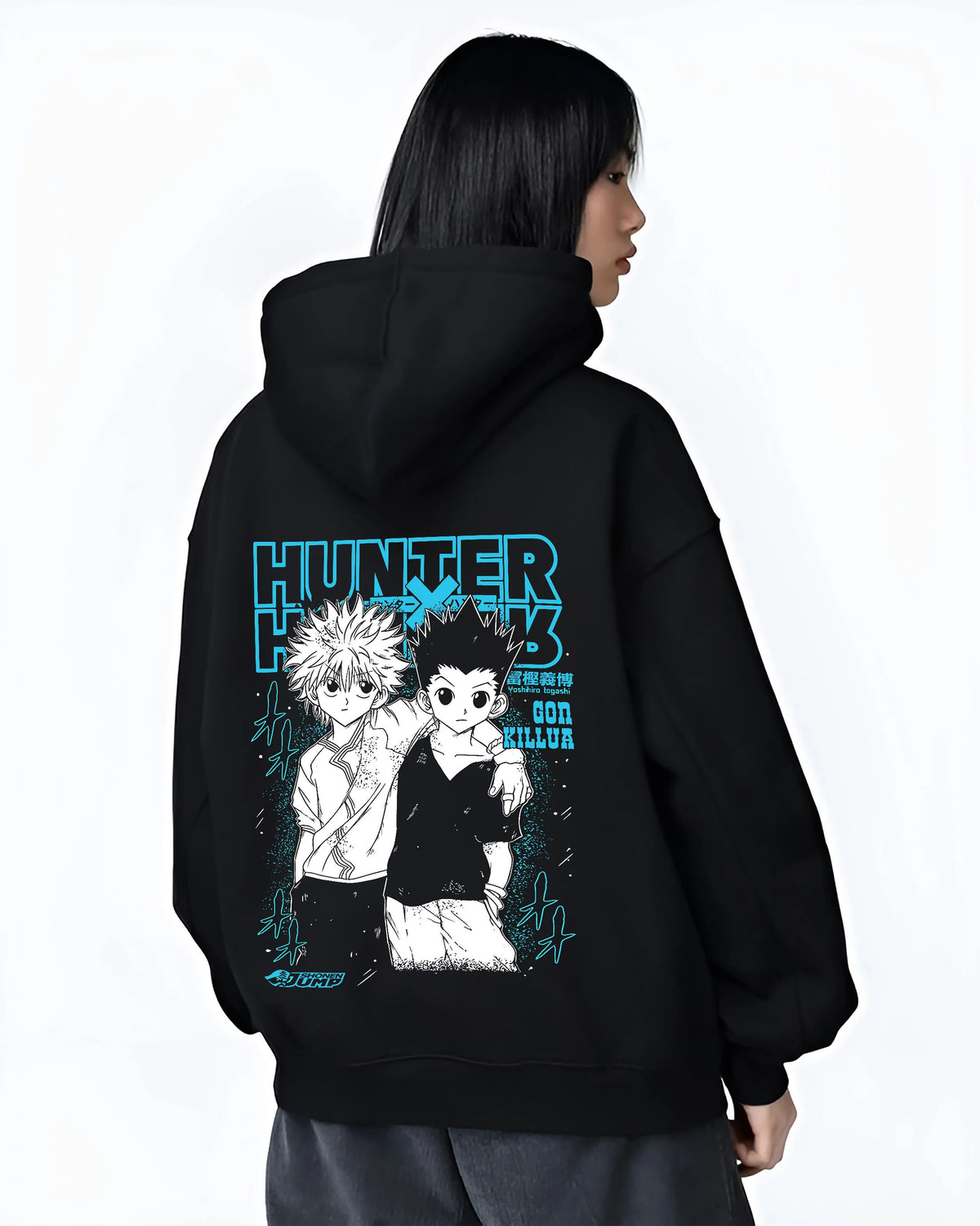 Black hoodie female model back view showing Gon Freecss and Killua Zoldyck from Hunter x Hunter: duo