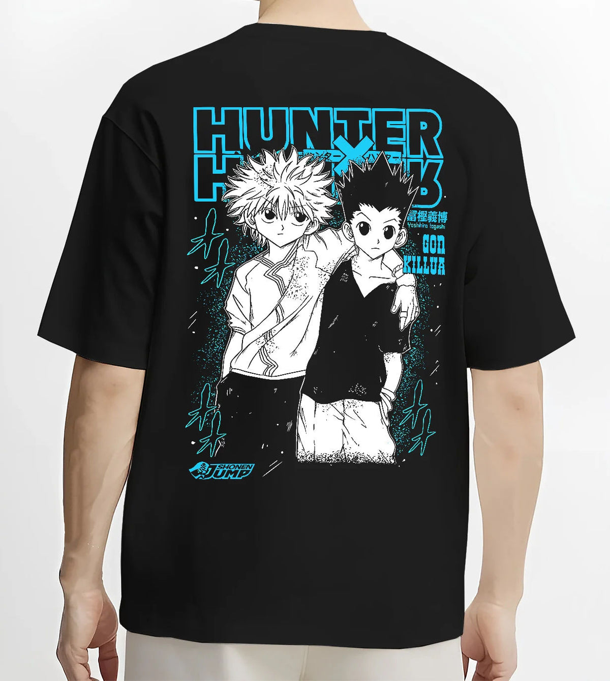Black T-shirt model back view showing Gon Freecss and Killua Zoldyck from Hunter x Hunter: duo
