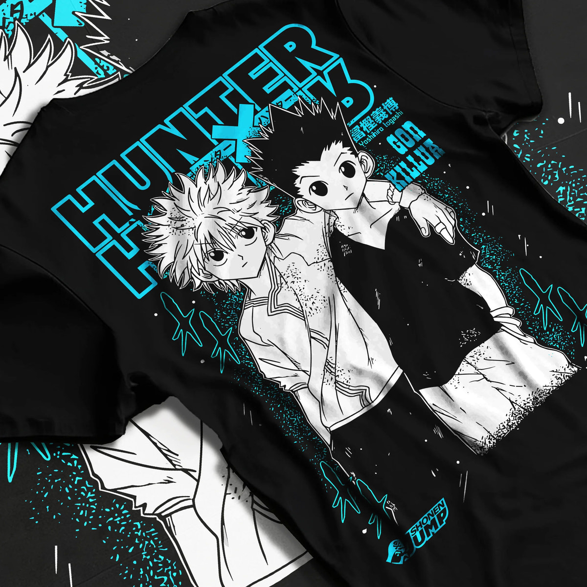 Black T-shirt flat back view showing Gon Freecss and Killua Zoldyck from Hunter x Hunter: duo