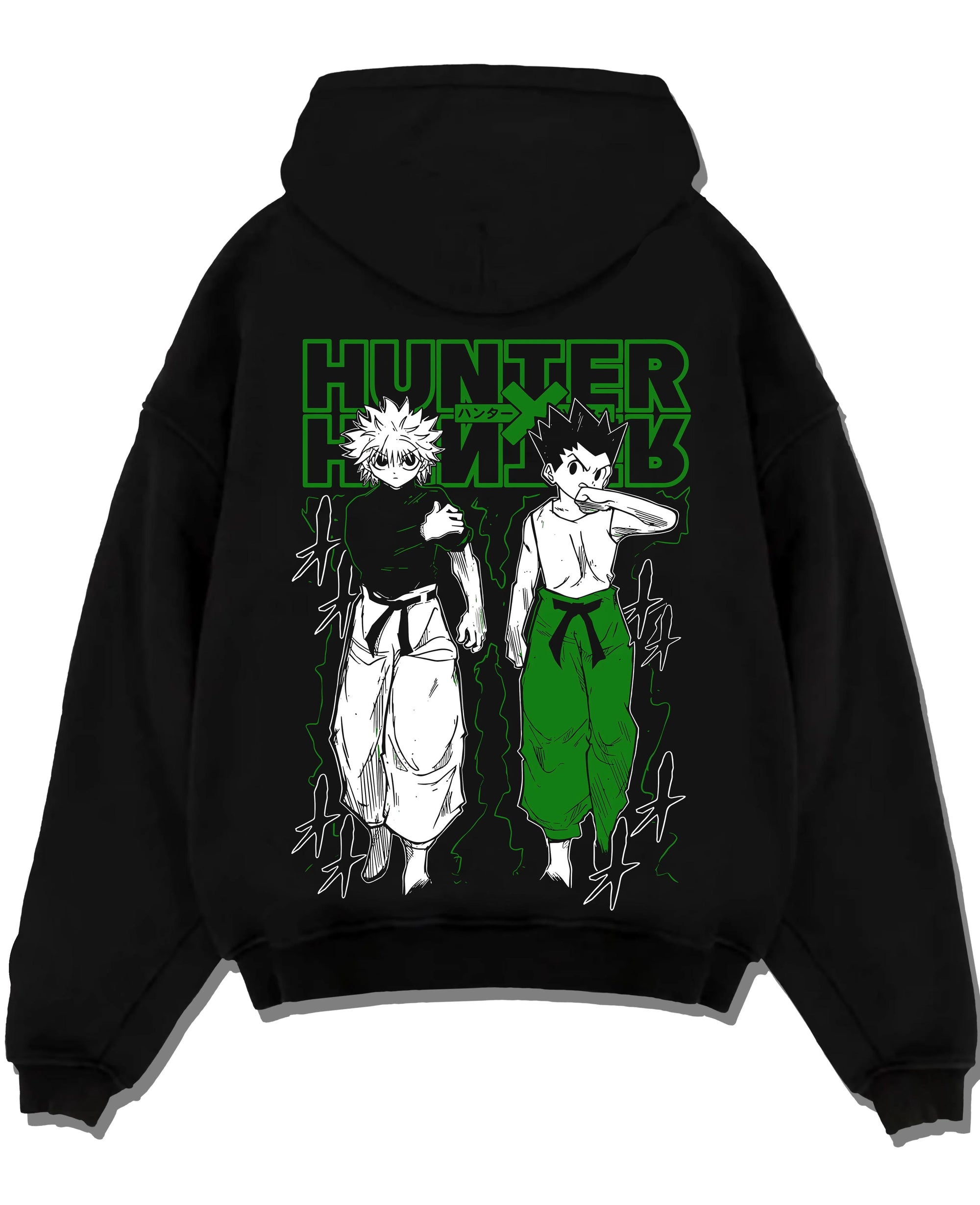 Black pullover hoodie laid flat with Hunter x Hunter Hoodie Gon Killua Logo Jumper graphic premium wear.