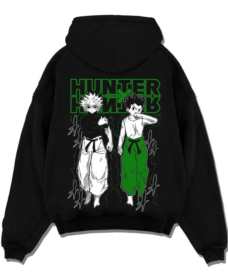Black pullover hoodie laid flat with Hunter x Hunter Hoodie Gon Killua Logo Jumper graphic premium wear.