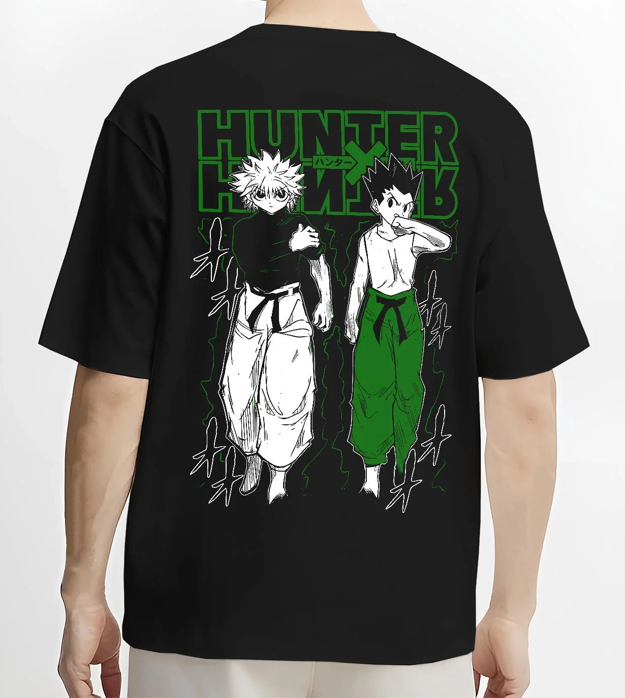 Black T-shirt worn by male model, back view with Hunter x Hunter Hoodie Gon Killua Logo Jumper graphic premium wear.