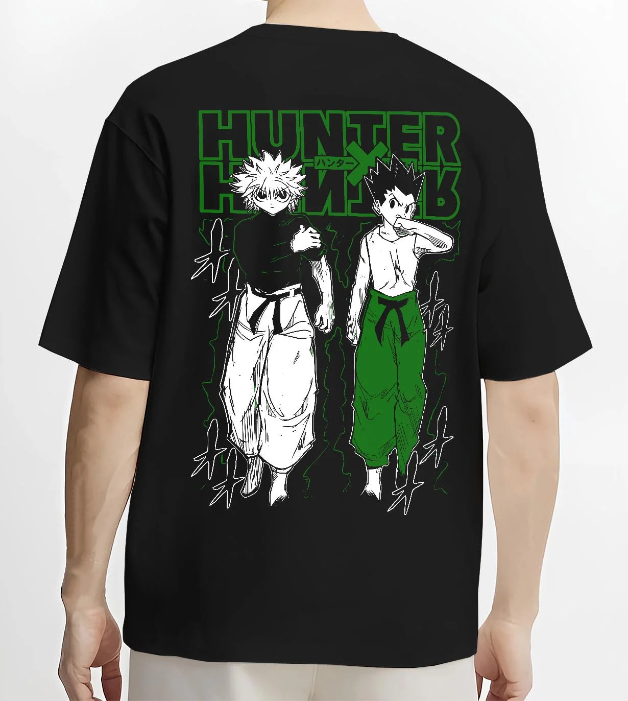 Black T-shirt worn by male model, back view with Hunter x Hunter Hoodie Gon Killua Logo Jumper graphic premium wear.