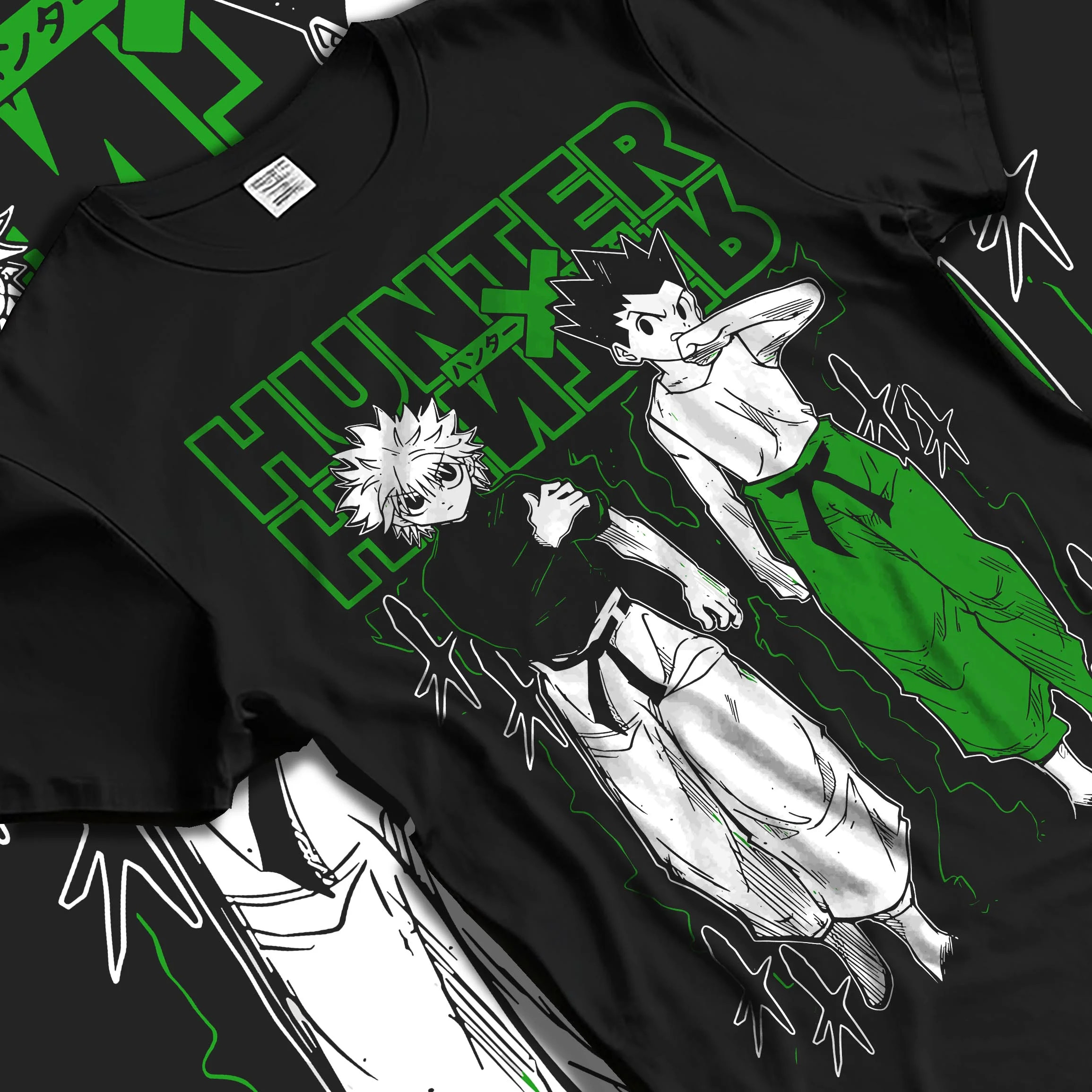 Black T-shirt laid flat with natural folds with Hunter x Hunter Hoodie Gon Killua Logo Jumper graphic streetwear graphic.
