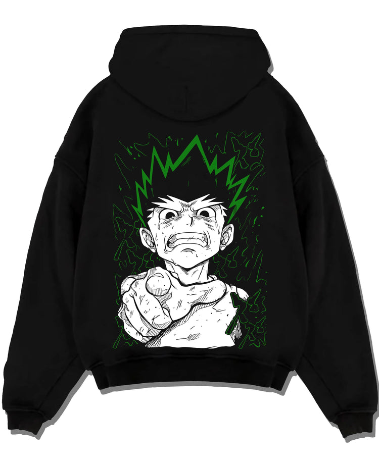 Black pullover hoodie laid flat with Hunter x Hunter Hoodie Gon Freecss Strength Jumper graphic premium wear.